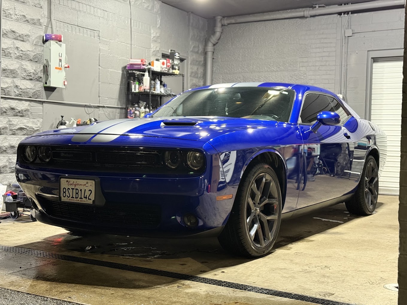 Blue Dodge Challenger with racing stripes in detail bay