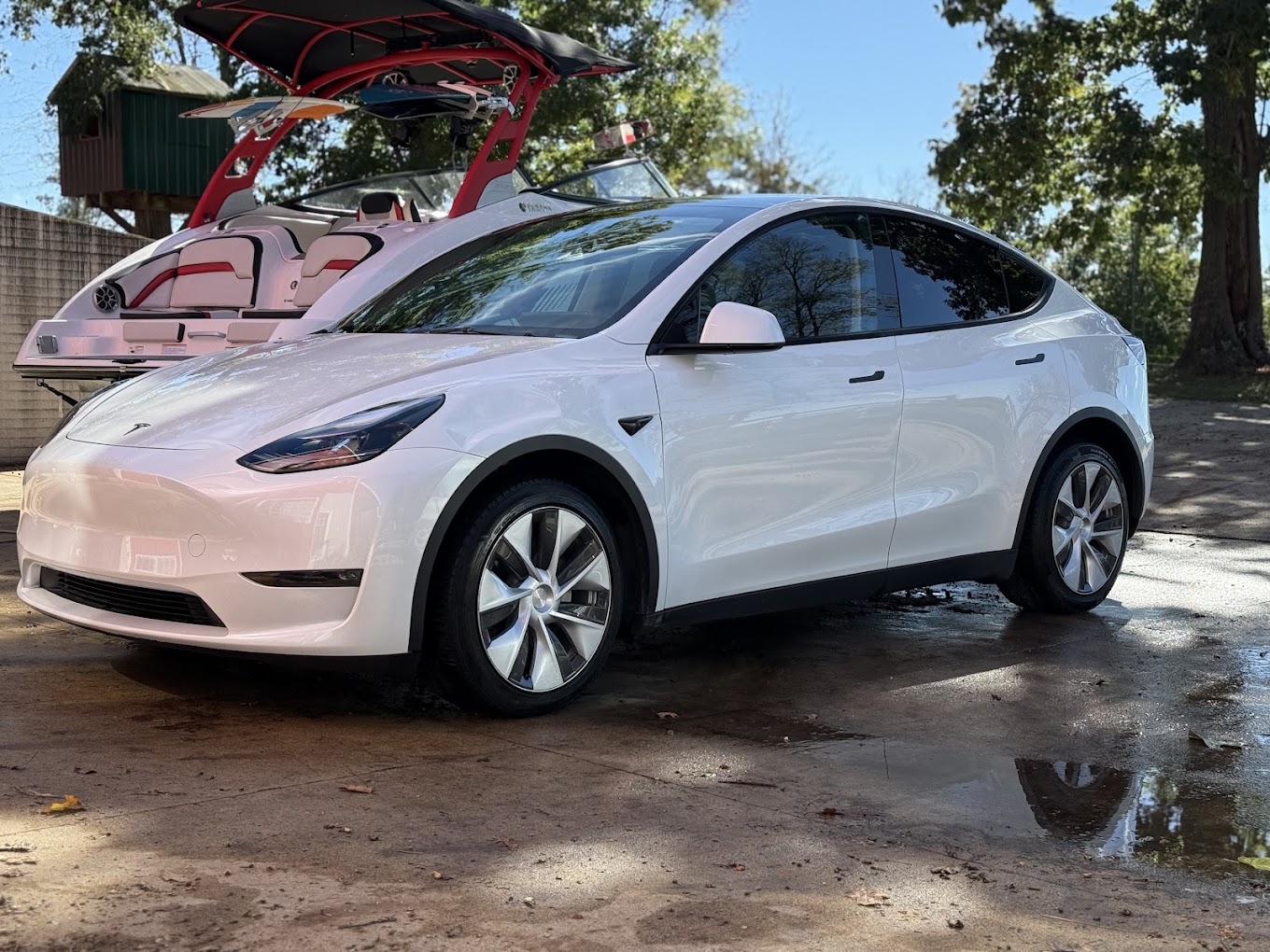 White Tesla Model Y after wash